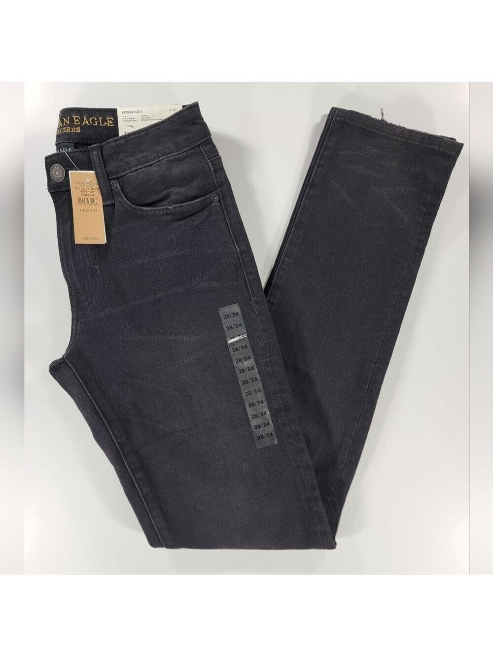 NEW AMERICAN EAGLE EXTREME FLEX 4 SLIM JEANS BLACK DISTRESSED MENS 28X34 NWT